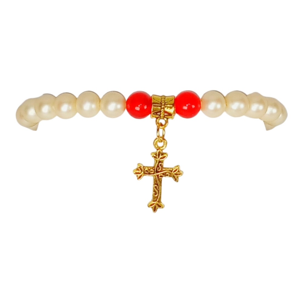 Vintage Pearls Red Jade with Cross Charm Mini Mala Y2K Artisan Made Religious